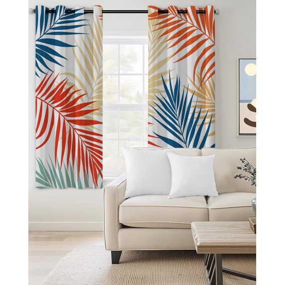 Tropical Botanical Blackout Curtains Light Blocking Print Window Curtains, Summer Colorful Palm Leaves Boho Thermal Insulated Window Drapes for Living Room Kitchen Cafe (2 Panels, 104"W x 84"L)