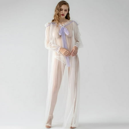 GENEMA Sexy Lingerie Transparent Front Ribbon Lace Up Sleep Long Dress Pajamas Robe