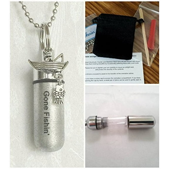 Laser Engraved "GONE FISHIN" FISHERMAN CREMATION URN on 24" Chain - Includes Velvet Pouch, Fill-Kit, Instructions