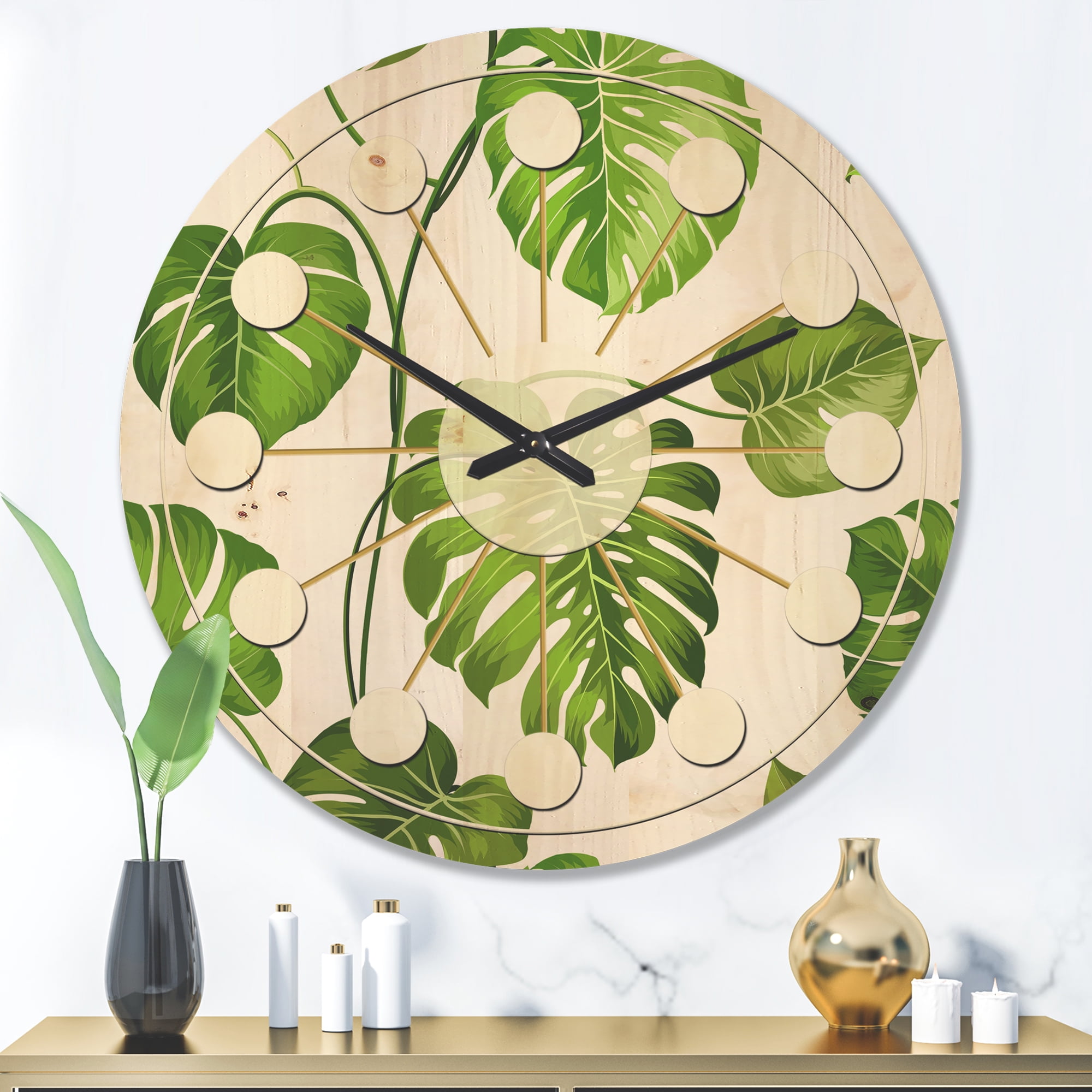 Designart 'Palm Tropical Leaves II' Mid-Century Modern Wood Wall Clock