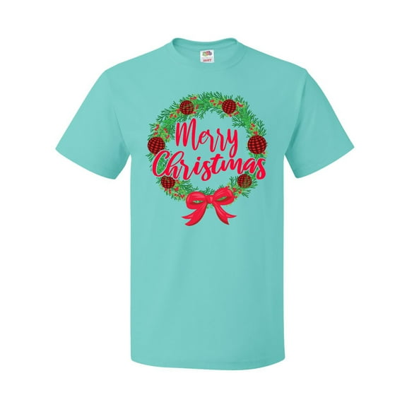 Inktastic Merry Christmas Wreath with Red Bow and Ornaments T-Shirt