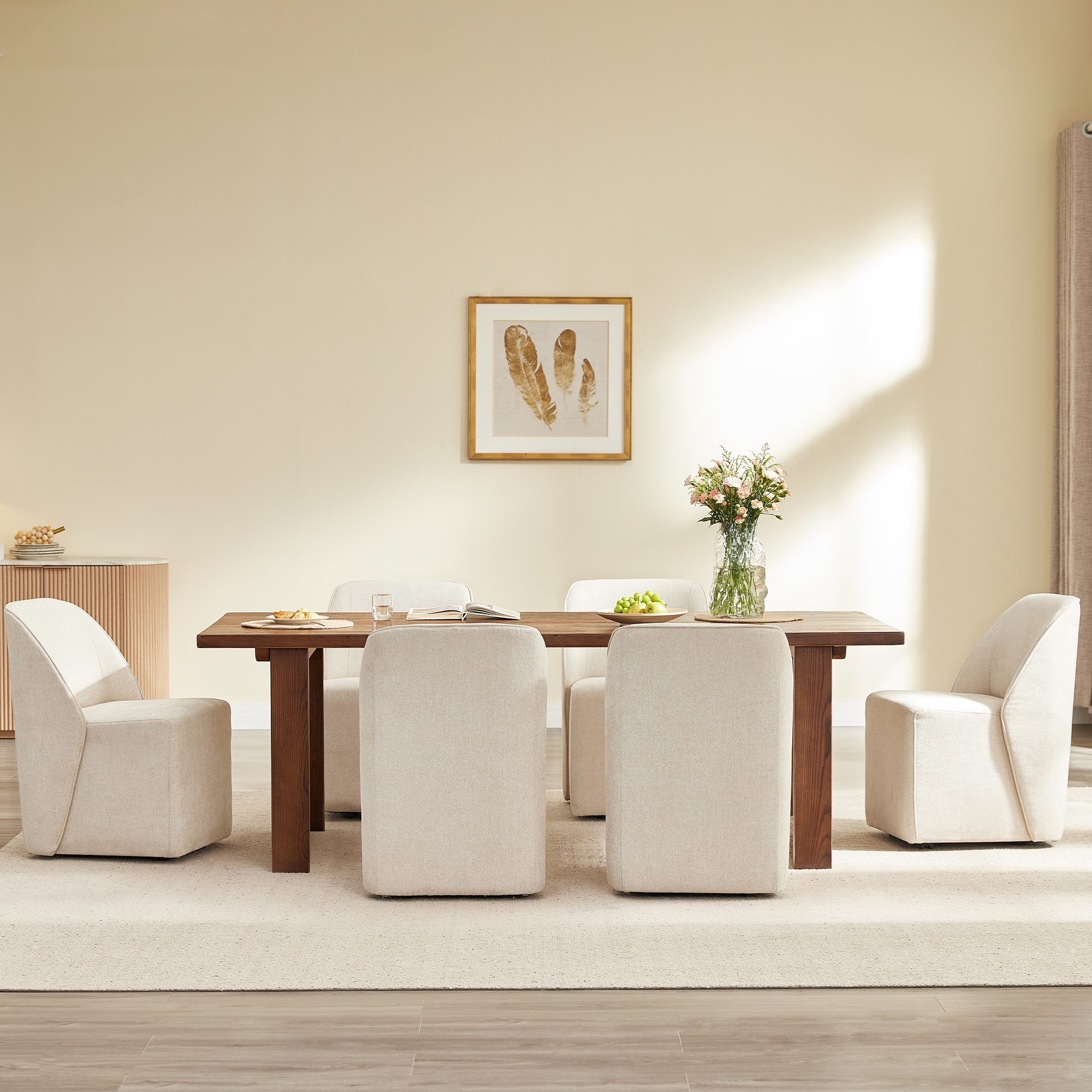 Spruce & Spring Rolling Upholstered Dining Chair with Smooth Hidden Casters Set of 2, Linen