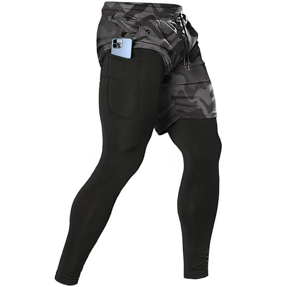 Men's 2 in 1 Running Pants, Gym Workout Compression Pants for Men Training Athletic Pants
