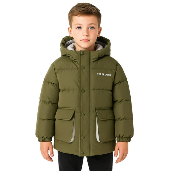 HILEELANG Kids Big Boys Warm Light Weight Padded Puffer Jacket with Hood Water-Resistant Winter Coat for Kids 6-13, Olive Green Outdoor Style