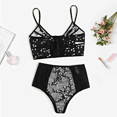 

Pxiakgy underwear women set Ladies Fashion Embroidered Floral Exquisite Pajamas Underwear Set Black + S