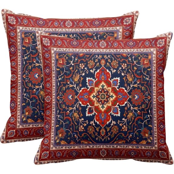 Throw Pillow Covers Home Art Decor, 18 x 18 Inches Set of 2 Cushion Couch Sofa Cases, Bohemian Blue Paisley Floral Painting Pillowcases for Bedroom, Living Room, Red Tribal Decorative