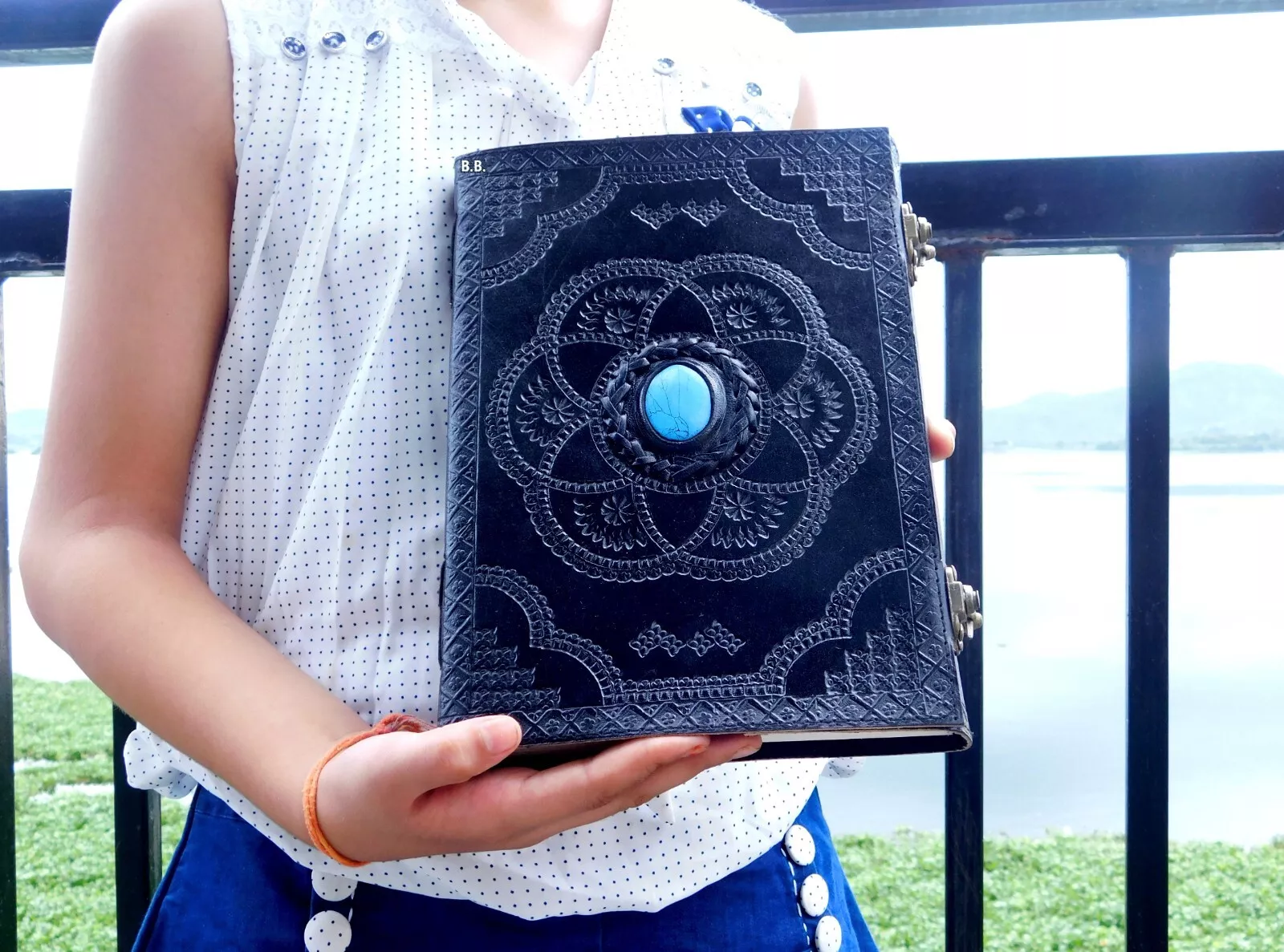 Handcrafted Grimoire Book of Shadow Journal Blue Stone Leather Bound Antique Style Diary Notebook For Men & Women Office Stationary Use