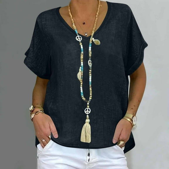 LADIGASU Women's V-Neck Short Sleeve Loose Solid Color T Shirt Tunic Summer Shirt Imitation Of Cotton And Linen Blouse