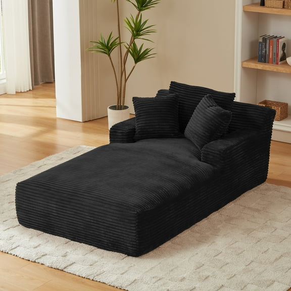 79" Extra-Long Chaise Lounge Chair Indoor, Oversized Boneless Couch Chair, Fluffy Corduroy Sleeper Sofa Reading Chairs, No Assembly Required, Black