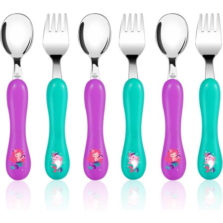 Toddler Utensils Kids Silverware, 6pcs Stainless Steel Toddler Fork Spoon Set, Toddler Cutlery Set, Girls Utensils for Toddlers 2-5 Years Old (Mermaid)