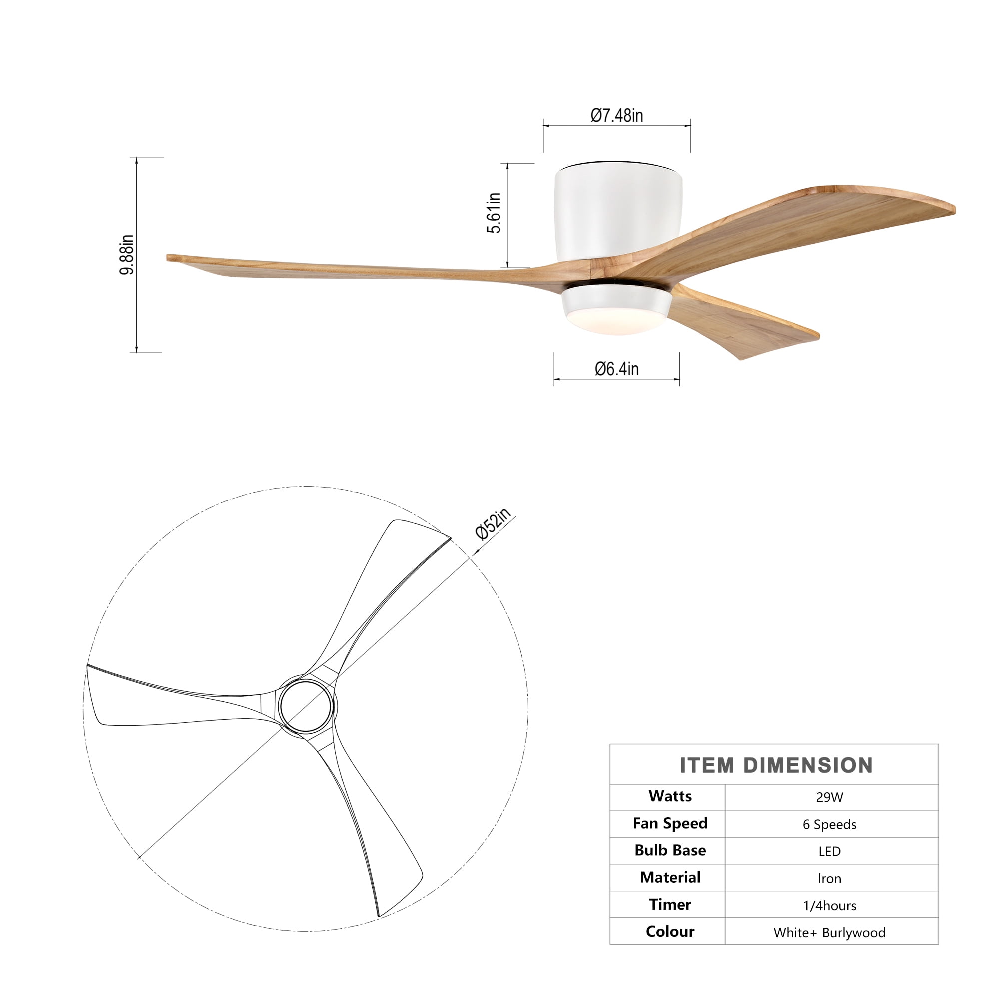 Leumius 52" Flush Mount Solid Wood Blades Ceiling Fan with Light and Remote Control,Quiet DC Motor 6 Speed Levels,Reversible for Patio Living Room Bedroom Office White+Natural