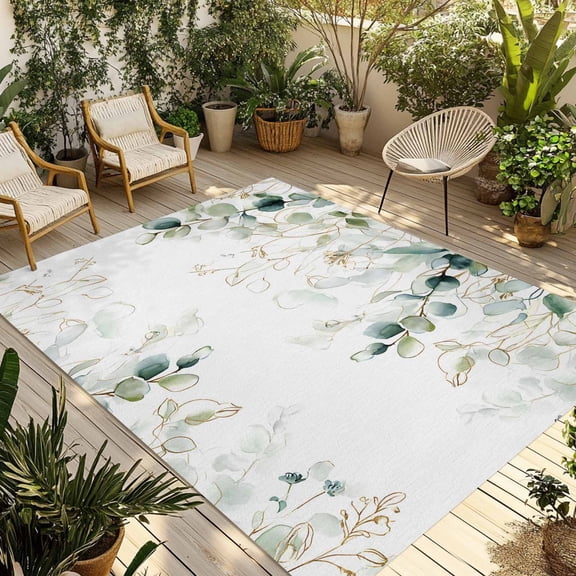 Fsddascl Eucalyptus Leaves Outdoor Rug for Patio/Deck/Porch, Non-Slip Large Area Rug 6 x 9 Ft, Watercolor Sage Green Golden Floral Indoor Outdoor Rugs Washable Area Rugs, Camping Rug Carpet Runner