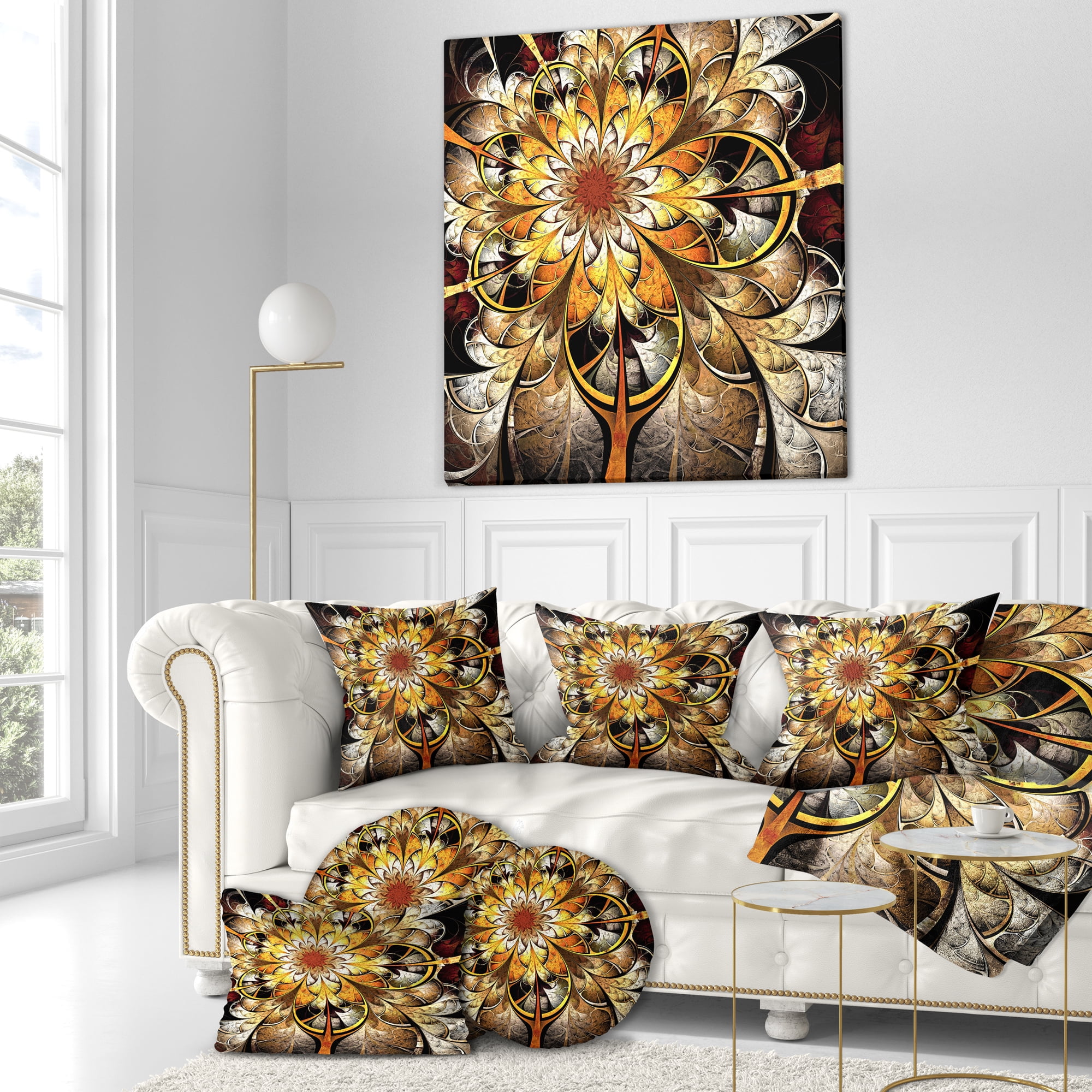 Designart Fractal Flower Dark Yellow - Floral Throw Pillow - 18x18