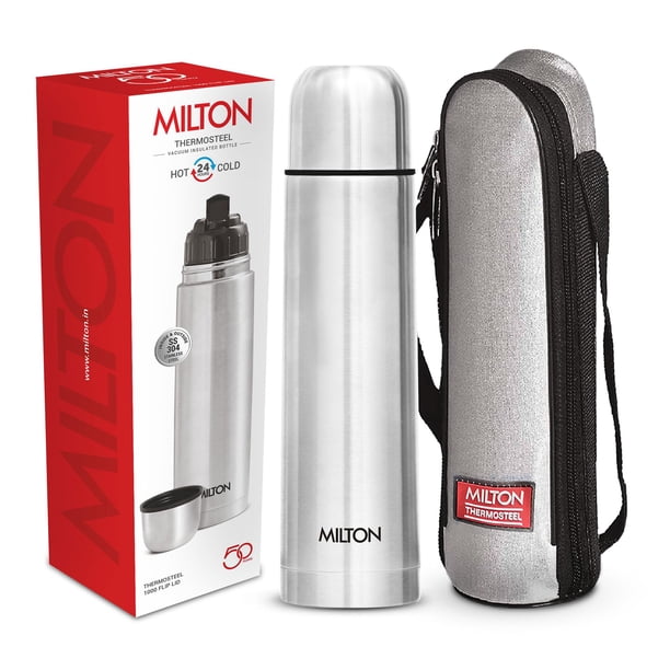 Milton Thermosteel Flip Lid 1000, termo aislado al vacío de doble pared 1000 ml | 34 onzas | 1 litro | Botella de agua fría y caliente las 24 horas con tapa, acero inoxidable, sin BPA, a prueba de fug