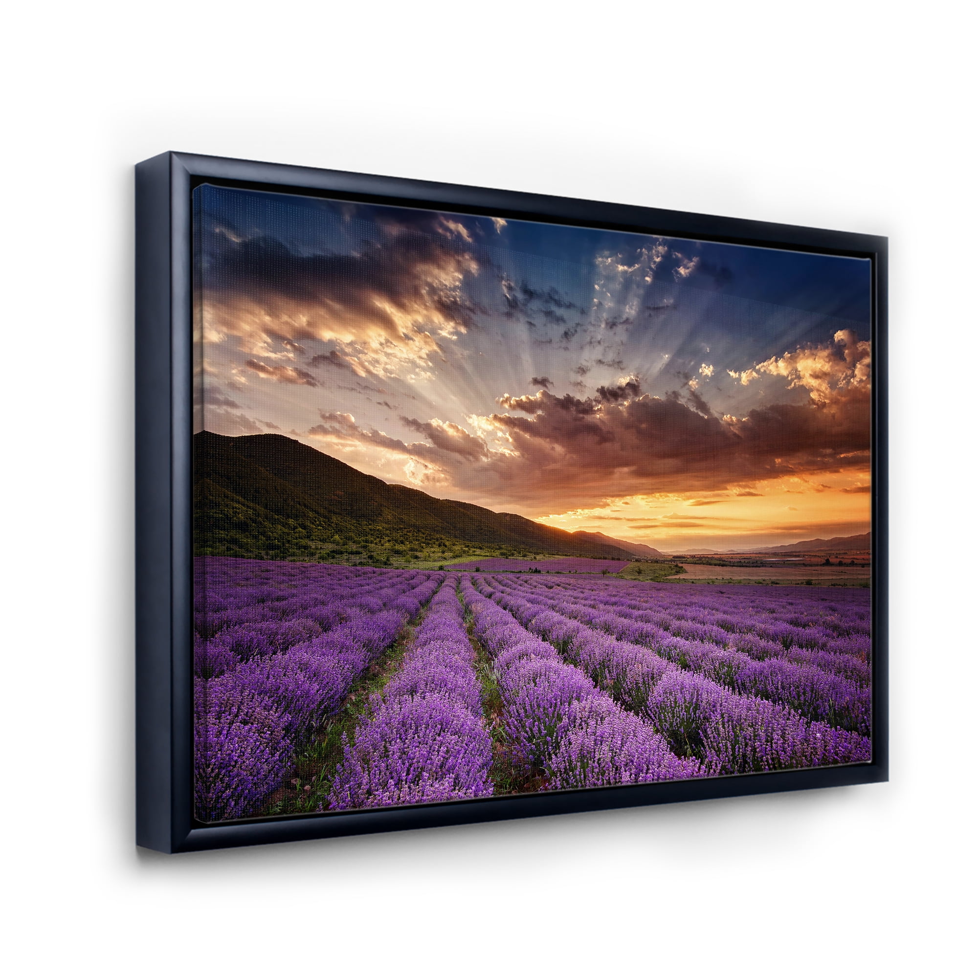 Designart 'Dramatic Clouds and Sunrise Over Lavender Field X' Farmhouse Framed Canvas Wall Art Print