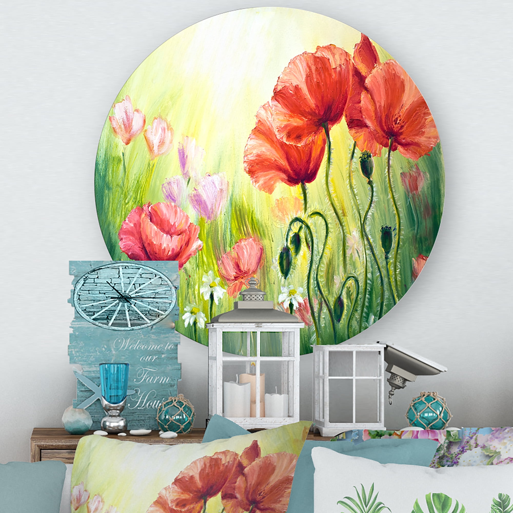 Designart 'Blossoming Red and Purple Poppies In The Morning I' Traditional Circle Metal Wall Art 23x23 - Disc of 23
