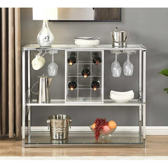 ASYA Wine Rack Table with Glass Holder, 3-Tier with Temered Glass Shelves, Modern Liquor Cabinet with Storage for Wine Bar, Living Room, Kitchen and Dining Room (Silver Finish)