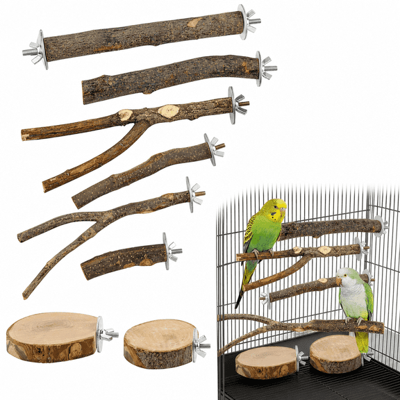 8 PCS Natural Apple Wood Bird Perch Set for Cage, Bird Cage Accessories Bird Perches, Parakeet Cage Accessories Bird Cage Toys, Hardwood Branches & Wood Platforms for Budgies Cockatiels Small Bird Cl