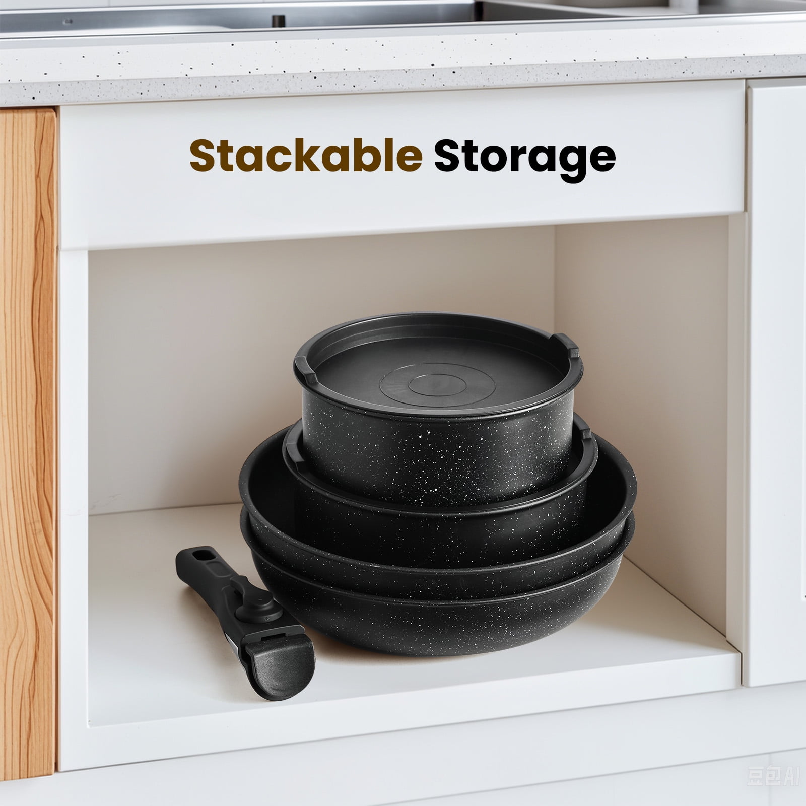 JOINSUN 12 Pcs Pots and Pans Set Nonstick - Stackable Cookware Sets with Detachable Handle, Black