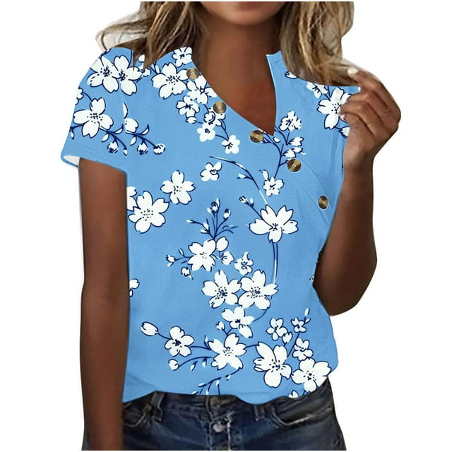 Mode Femmes Été T-Shirt Uni Col en V Manches Courtes Blouse Décontractée Hauts Offre du Jour