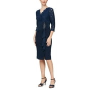 Alex Evenings surplice V-neck illusion sleeves embellished cascade skirt dress-NAVY / 4