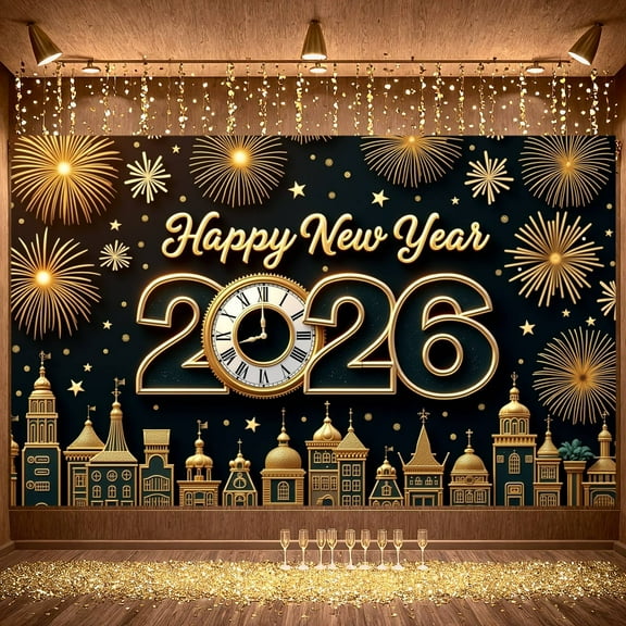 Golden Theme Happy New Year Banner Fireworks Design 2026 New Year Display Clock Tower Pattern Cityscape Elements New Year Backdrop for New Year Party Holiday Celebration Indoor Decoration