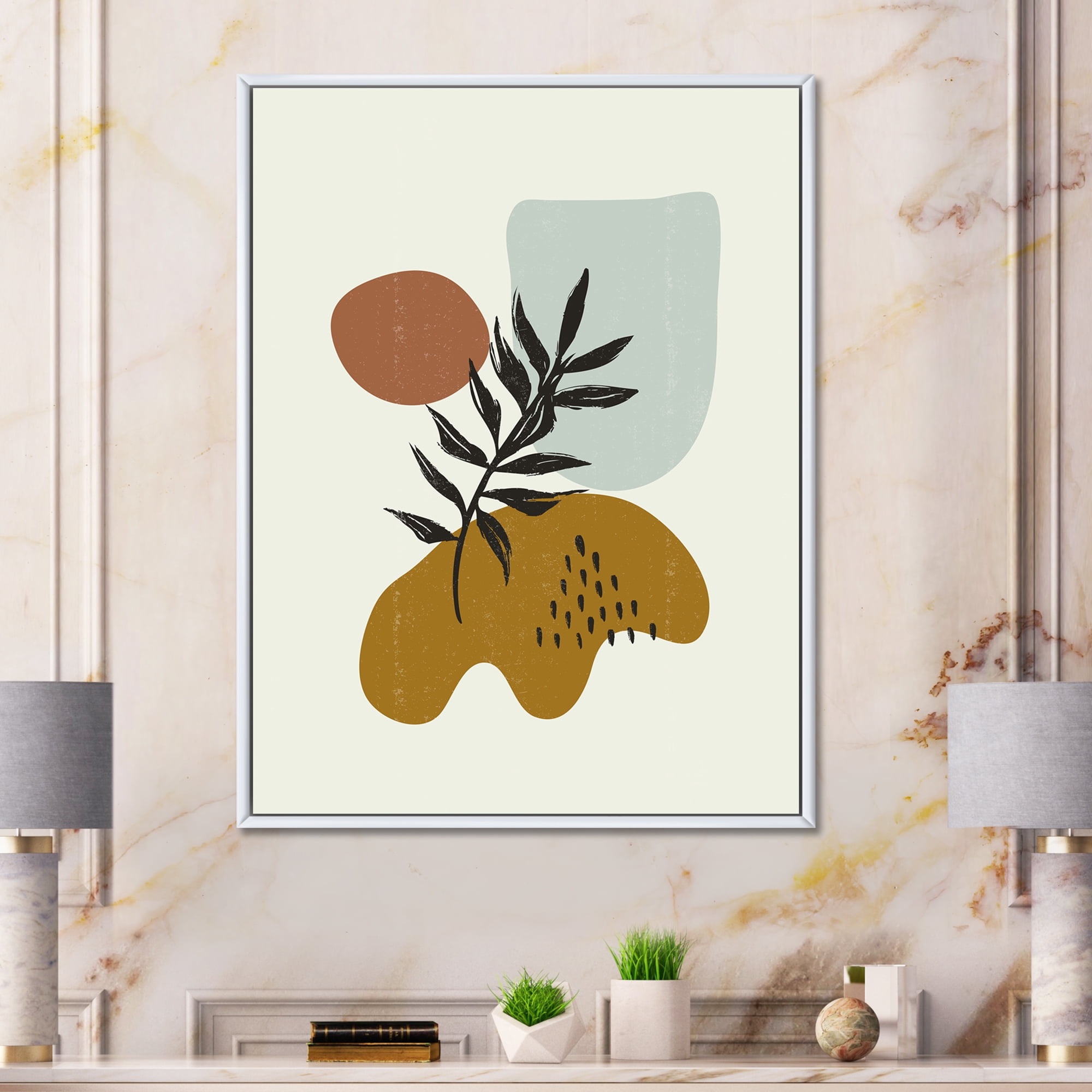 Designart 'Abstract Shapes With Botanical Minimalist Leaf II' Modern Framed Canvas Wall Art Print