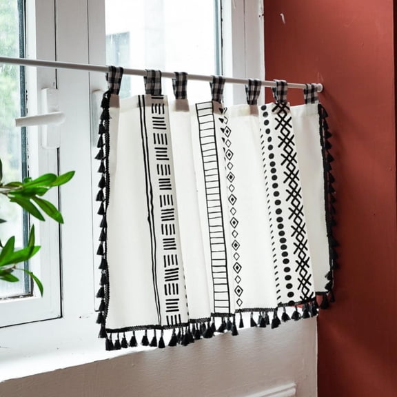 Bohemian Kitchen Tiers Curtains with Black Tassels Semi Blackout Cotton Linen Curtain Kitchen Cafe Dining Room Window Valances,52Wx17.8L inches