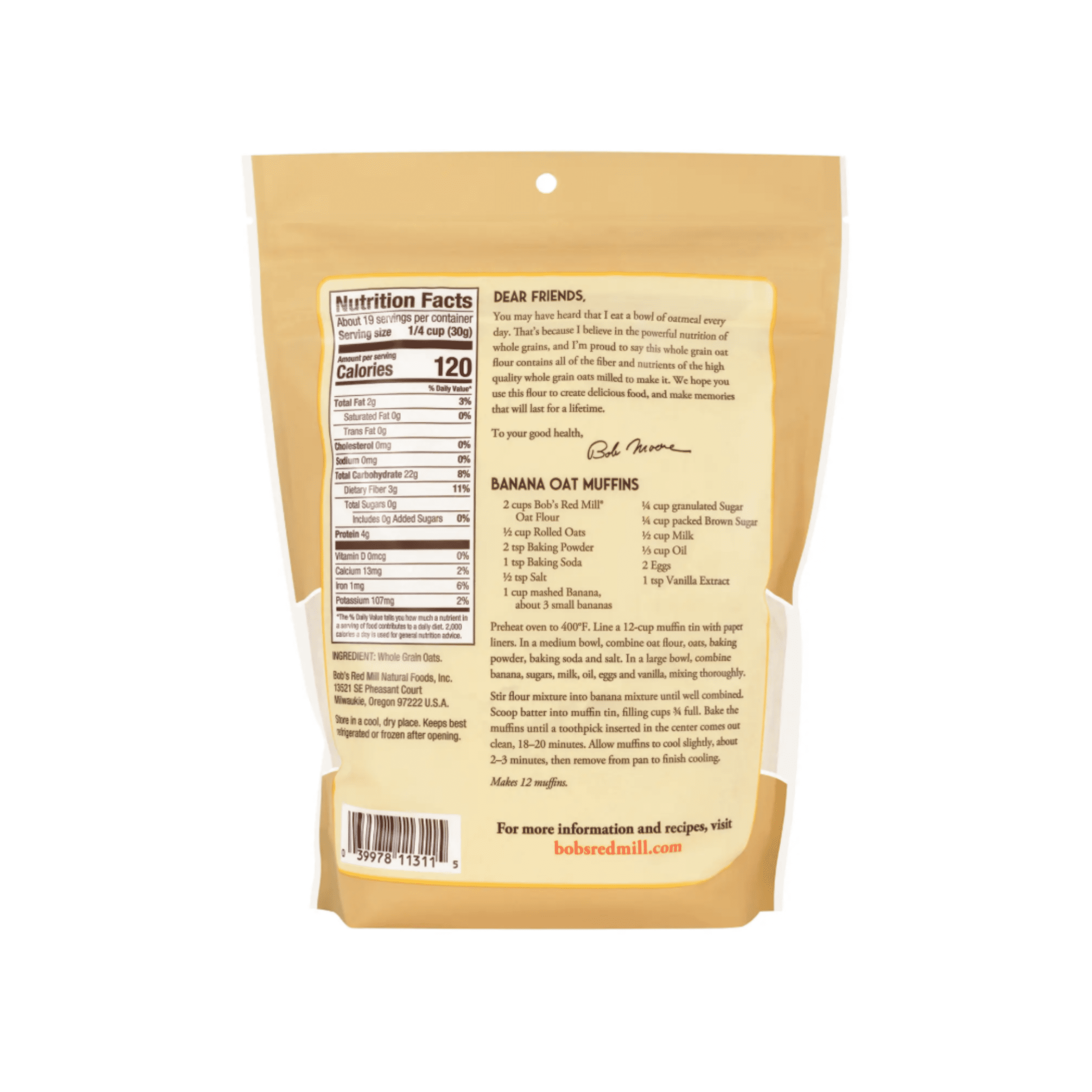 Bob’s Red Mill, Whole Grain Oat Flour, Shelf Stable 20 oz Plastic Pouch