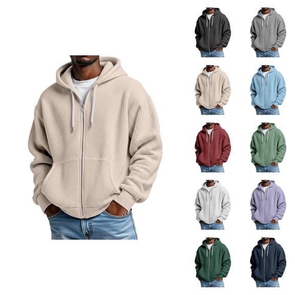 Zip Up Hoodie Men 2026 Fall Winter Long Sleeve Waffle Knit Full Zipper Hooded Sweatshirt with Pockets Mens Pullover Top