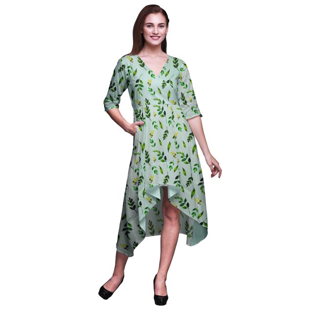 Bimba Coton Vert Zamioculcas Feuilles Femmes Asymétrique Poche Robe Droite Été Fête Mi-Longue-Petit
