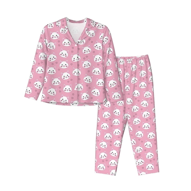 Fotbe Cute Cat Conjunto de Pijama de Manga Larga para Mujer con Estampado, Ropa de Dormir de 2 Piezas, Conjunto de Casa Suave y Cómodo con Bolsillos-Medium