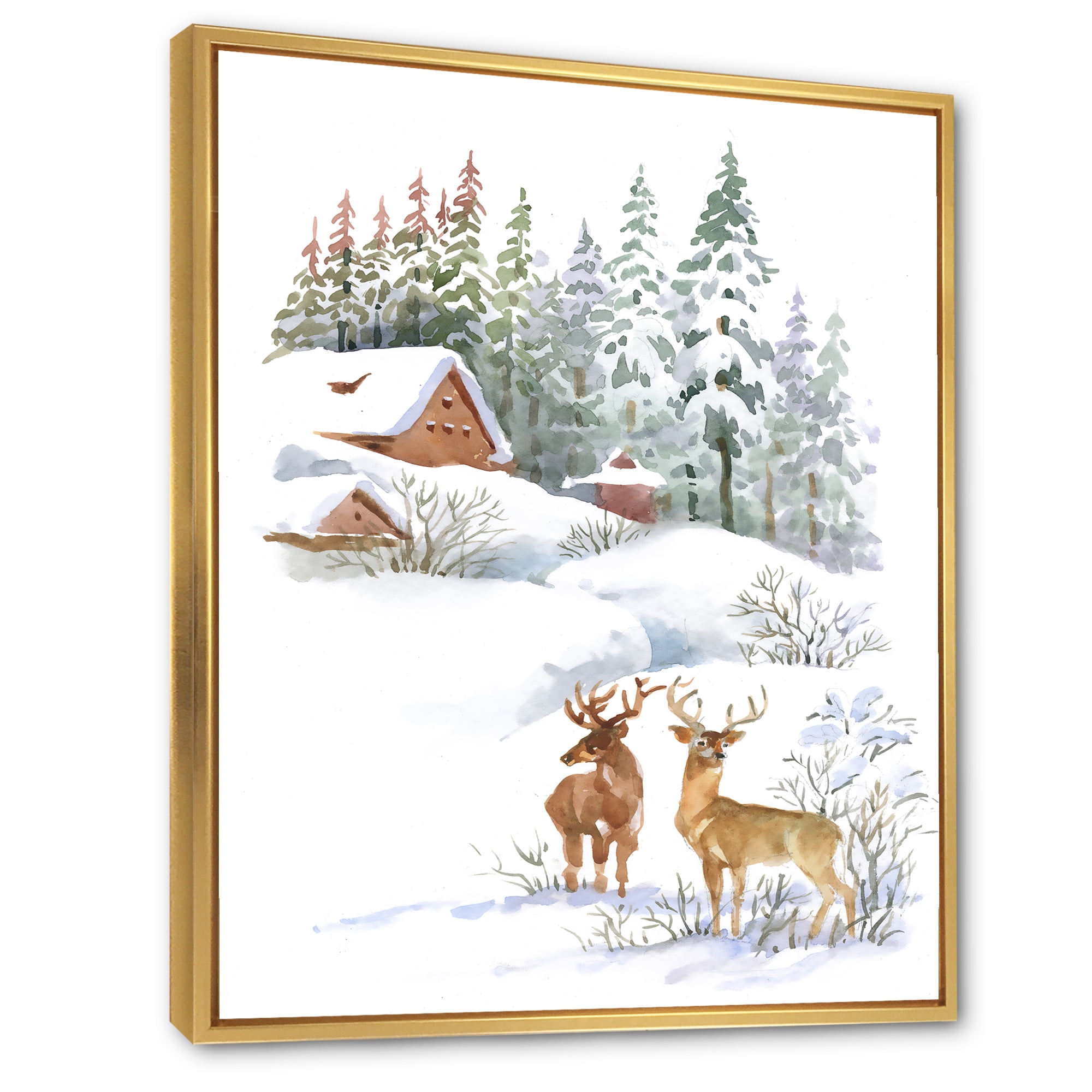 Designart 'Two Deers With Winter Cottage' Farmhouse Framed Canvas Wall Art Print