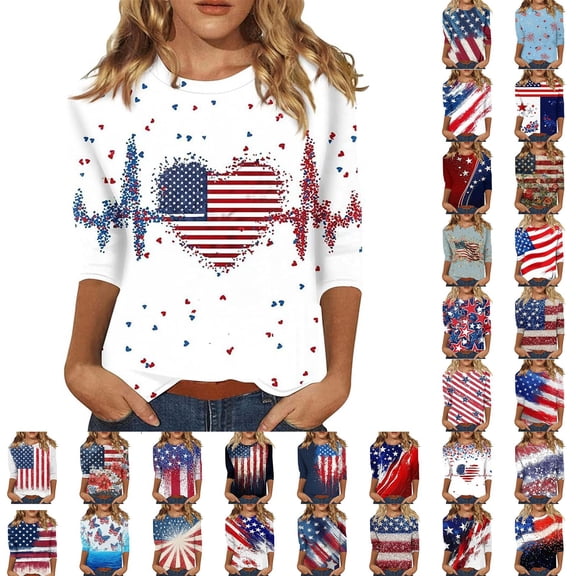 DHFJKG 3/4 Sleeve Shirts For Women Independence Day Round Neck Graphic Tee 4Th Of July 250 Years Anniversary USA T Shirt