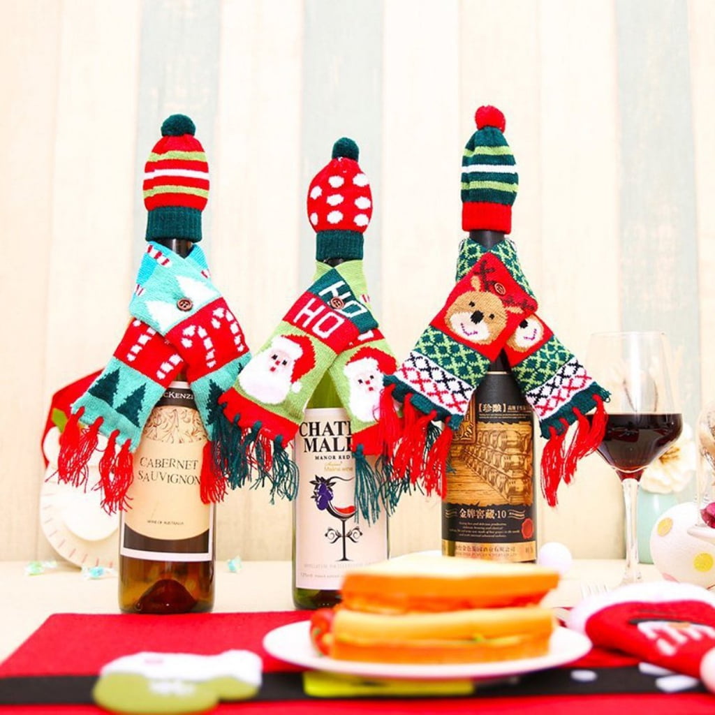 Christmas Decor Wine Bottle Cover Scarf Hat Xmas Dinner Table for Home OrnamenMA 