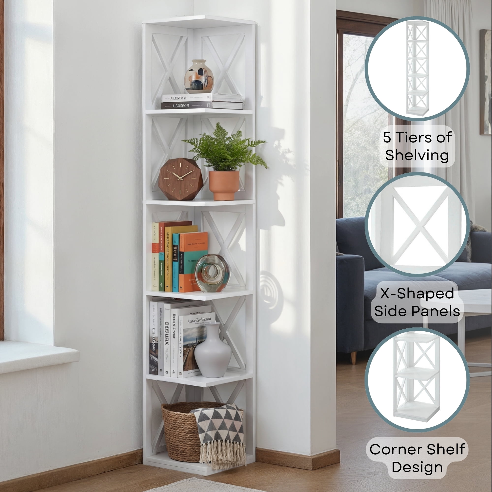 Convenience Concepts Oxford 5 Tier Corner Bookcase, White