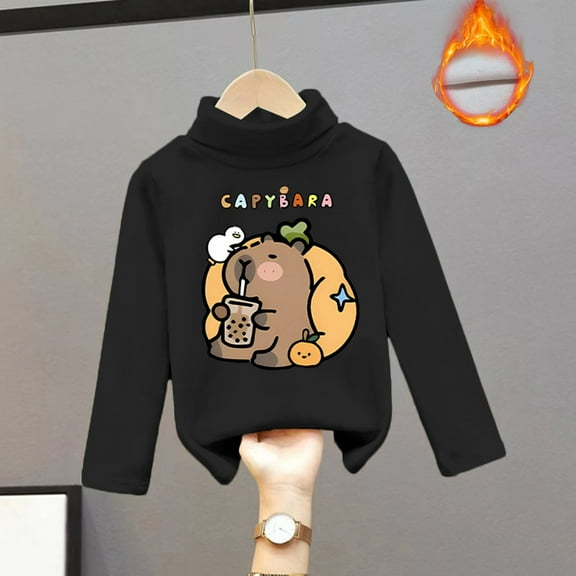 Tfken T-Shirts For Girls Toddler Long Sleeve Capybara Print Fall Tee Crew Neck Black Tops Size 2-3 Years