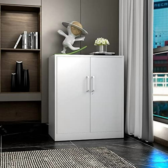 Metal Storage Cabinet with Lock, 36" Small Steel Locker Storage Cabinets, 2 Adjustable Shelves 2 Doors for Home, Office, Garage and Kitchen (White)