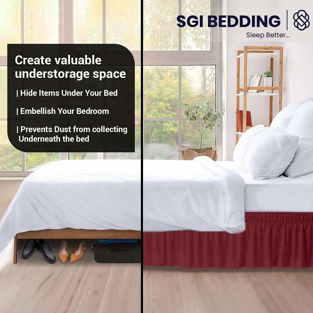 SGI bedding 15 inch Drop Wraparound Bed Skirt Twin Size - No Lifting Required, Adjustable Easy Fit Elastic Strap, Classic Gathered Styling Dust Ruffle, Fade Resistant -Burgundy