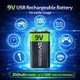 thumbnail image 3 of Electronic World 9V Rechargeable Lithium Batteries (2 Pack), USB-C Fast Charging 9 Volt Battery with Cable, Long Lasting for Smoke Detectors, Alarms, Microphones & Guitar Pedals, 3 of 9