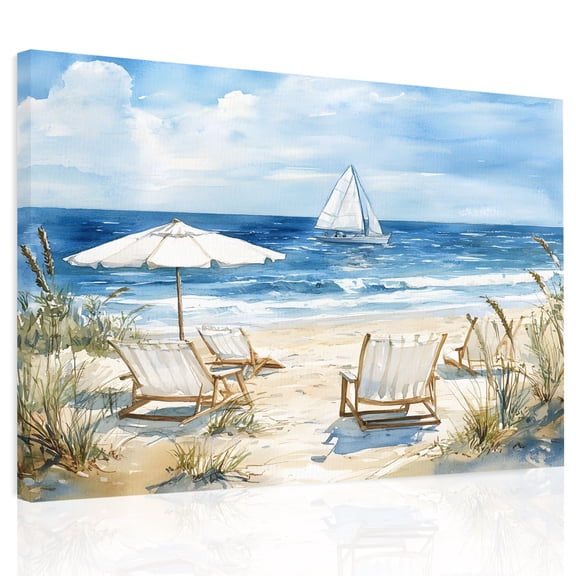 Summer Scenery Canvas Print Wall Art, Watercolor Beach Chair Ship Ocean Wall Decor Modern Artwork Paintings Pictures for Living Room Framed and Stretched Ready to Hang, 16" x 20"