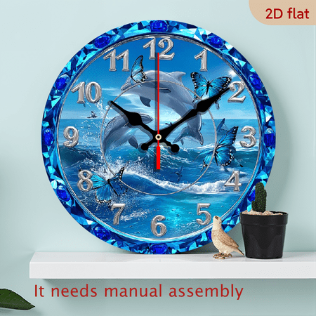 2D Flat 10Inch Crystal Blue Sea Dolphin Wooden Wall Clock, Silent Round Clock - an Ideal Decoration for Bedrooms, Living Rooms, Offices, Kitchens, And Bathrooms - (Batteries Not Included) Hallow
