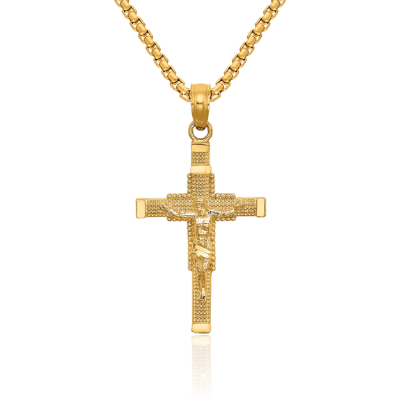 10K Solid Yellow Gold Beaded Lord Jesus Christ Crucifix Holy Cross Necklace Religious Chain Pendant Charm