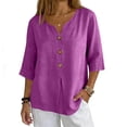 thumbnail image 2 of Linen Shirts for Women Summer Tops Button Down V Neck 3/4 Sleeve Boho Cotton Blouses Casual Loose Basic Solid Tunic Tops Purple 2XL, 2 of 7