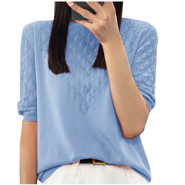 Olyvenn Women T-Shirt Tricoté en Soie Glacée à Manches Courtes pour Femmes, Col Rond Ample, Chandail Tricoté Bleu G