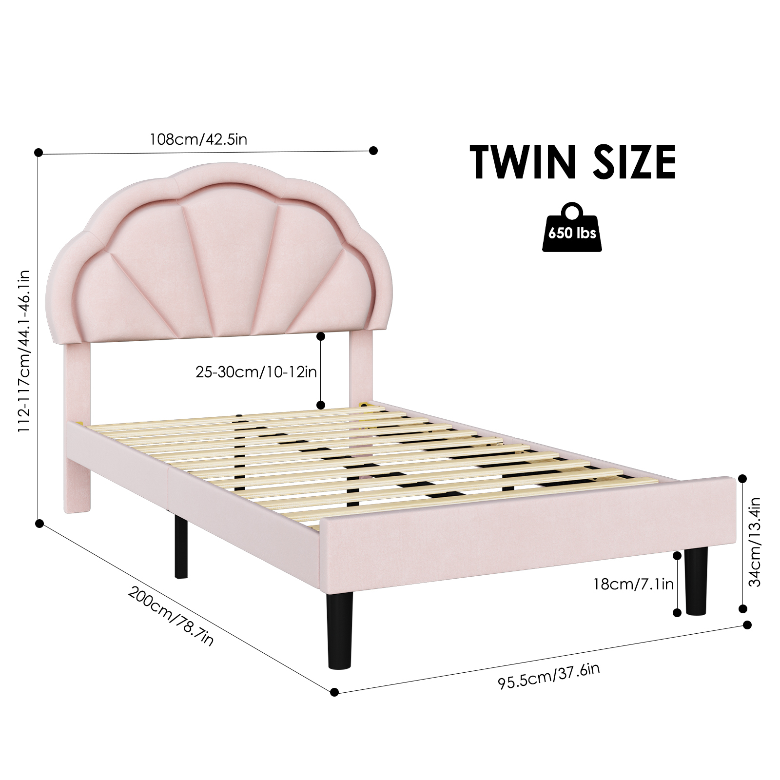 Homfa LED Bed Frame, Twin Size Velvet Upholstered Platform Bed with Adjustable Headboard, Lights Seashell Bed, Pink