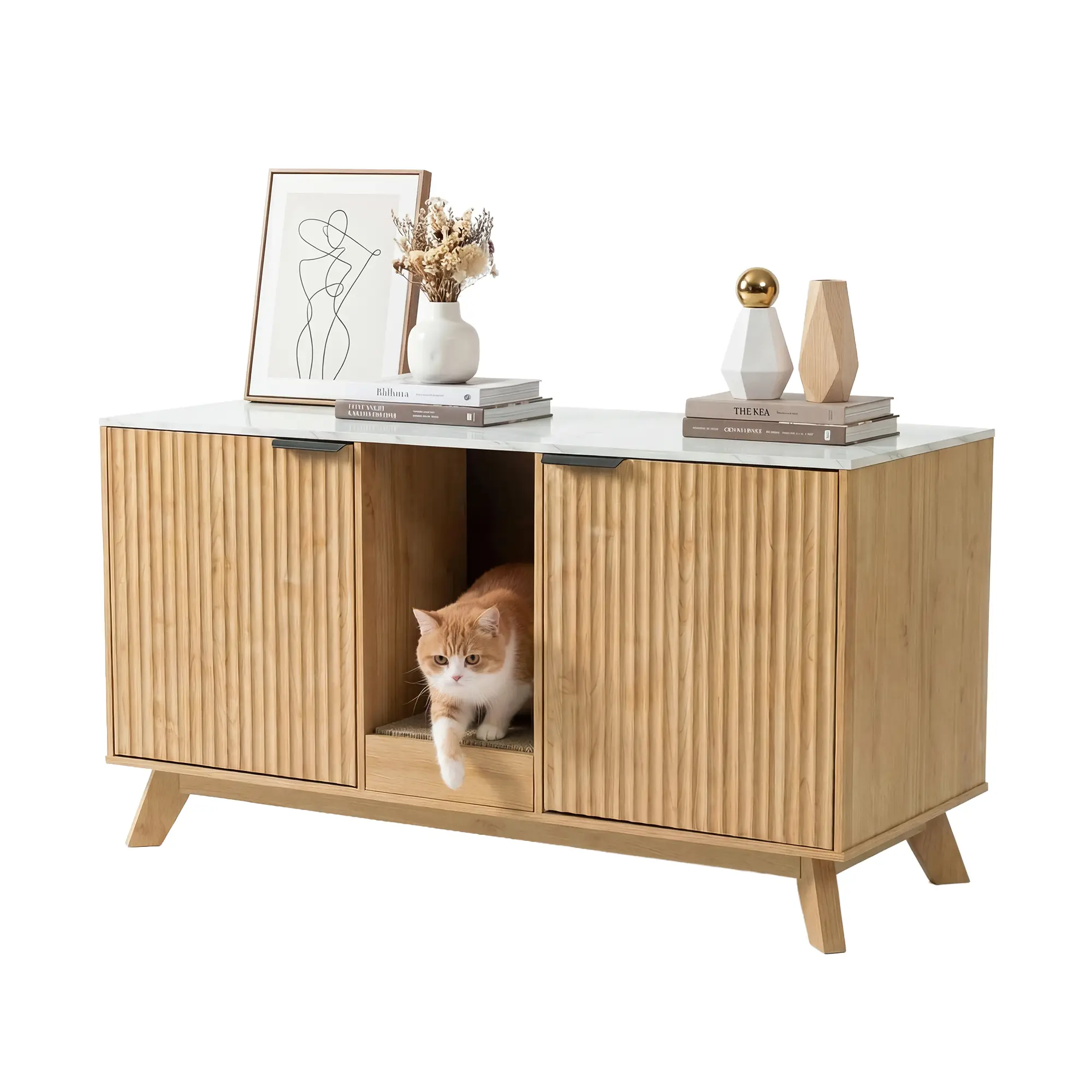 YDN Modern Litter Box Enclosure for Cats- 47" Indoors Hidden Cat Litter Box Furniture for 2 Cats, Wooden Cats Washroom Side Cabinet with Scratching Pad for Most Cat Litter Box,Nature