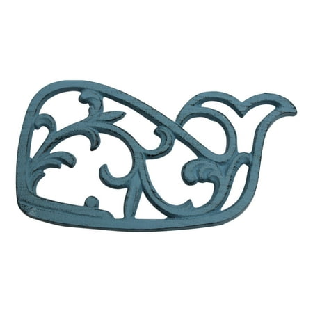 Ocean Blue Filigree Whale Kitchen or Dining Trivet Cast Iron, Measures 8 1/4 x 4 3/4 x 5/8 inches By Chesapeake