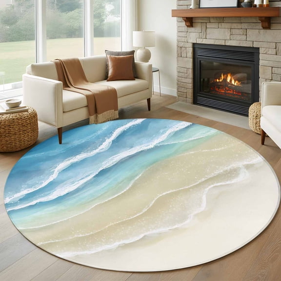 Round Rugs 7Ft, Blue Beach Coastal Round Area Rug Washable Indoor Throw Carpet, Summer Ocean Nautical Seaside Large Non Slip Circle Rug for Dining Room Playroom Home Decor Aesthetic