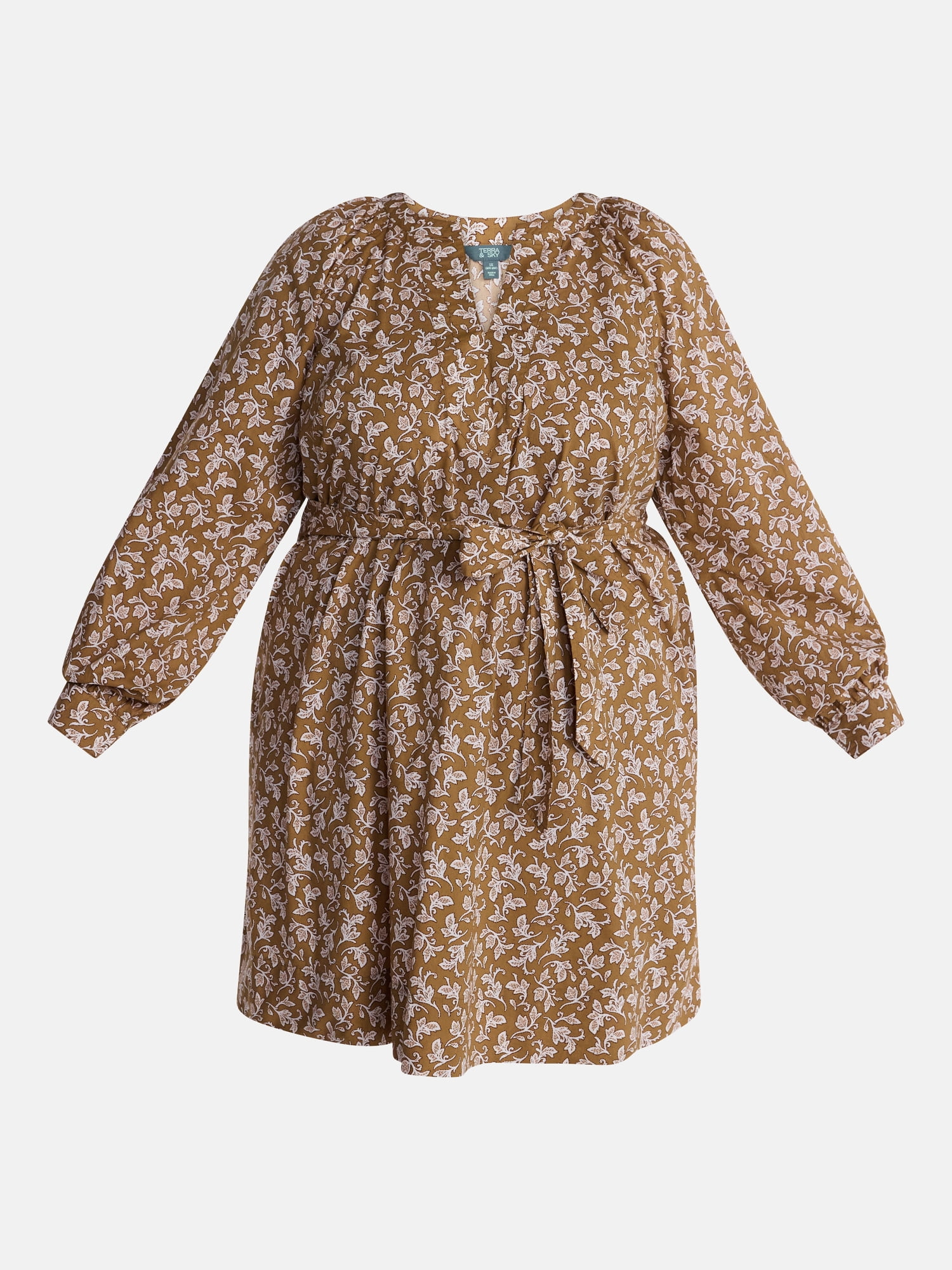 Terra & Sky Women's Plus Cotton Balloon Sleeve Tie Waist Tunic Dress, Sizes 0X-5X